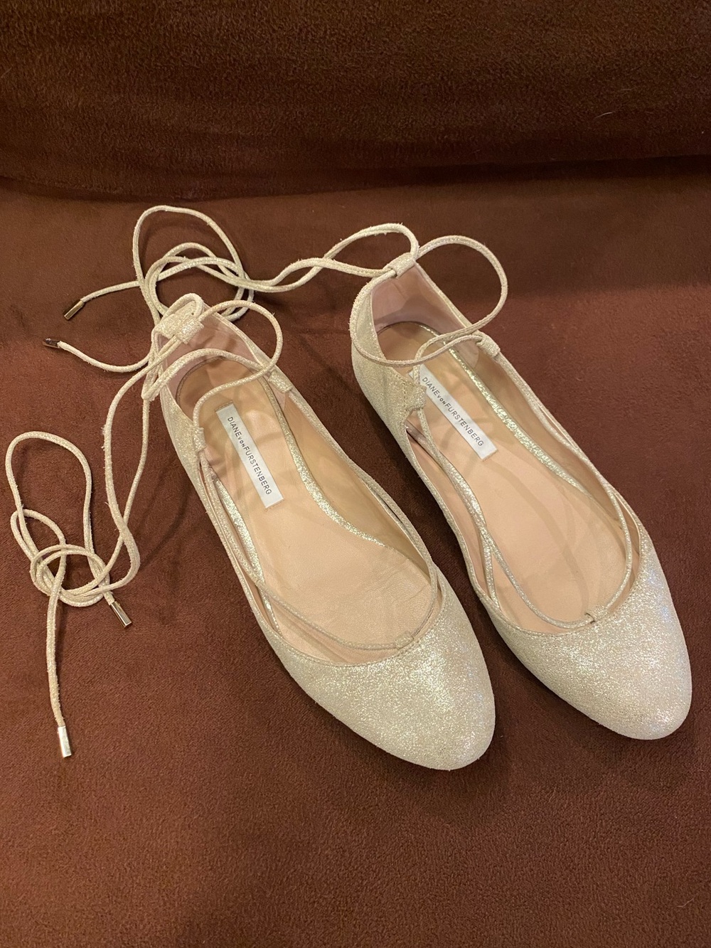 Diane von Furstenberg Paris gold metallic leather lace-up ballet flats